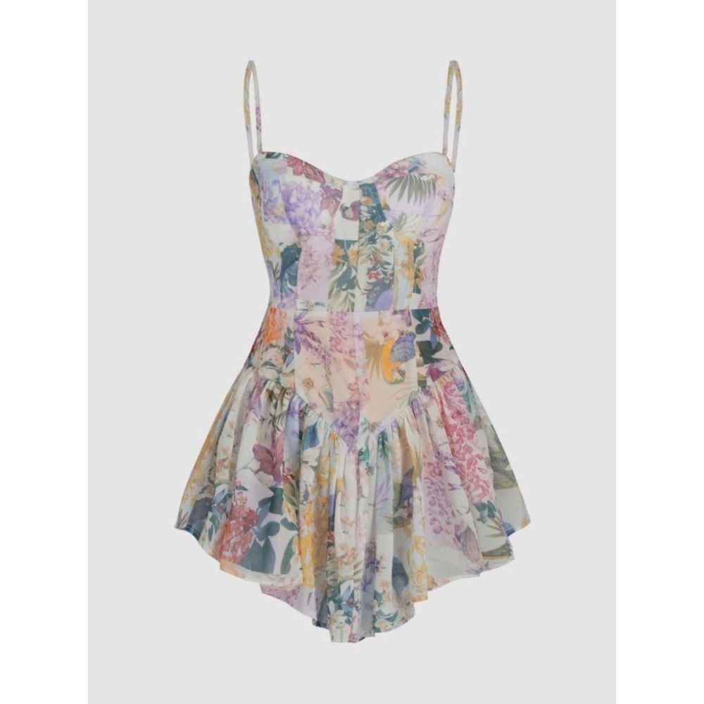Cider Pastel Floral Bustier Bodysuit Peplum Sheer Layer Top Mini Dress XL Garden
